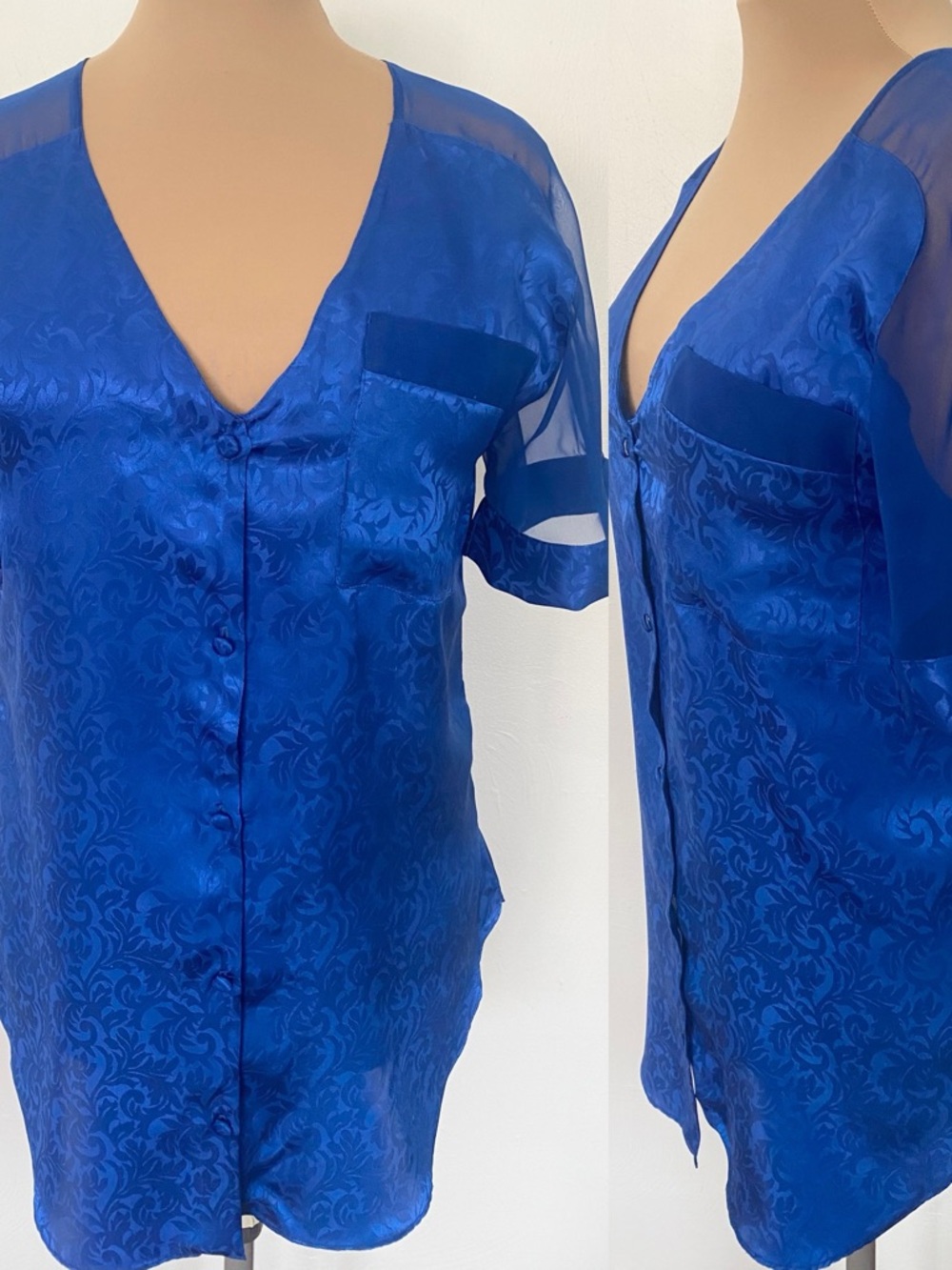 Vintage 80s CACIQUE Jacquard Sleepshirt *Small* Blue Silky Sheer Short Nightie